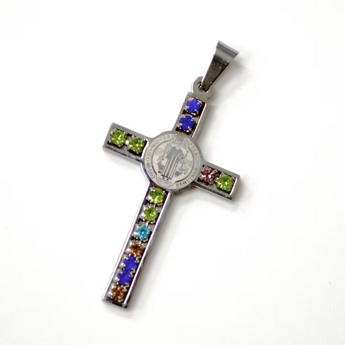 Lhssp86-3284 Stainless Steel Cross San Beneto Multi Color Cz + Chain