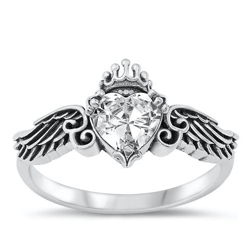 9107226 Sterling Silver Ring Heart & Wings Cz
