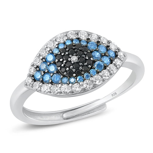 Lhr9107431 Sterling Silver Evil Eye Ring Blue Black Clear Cz