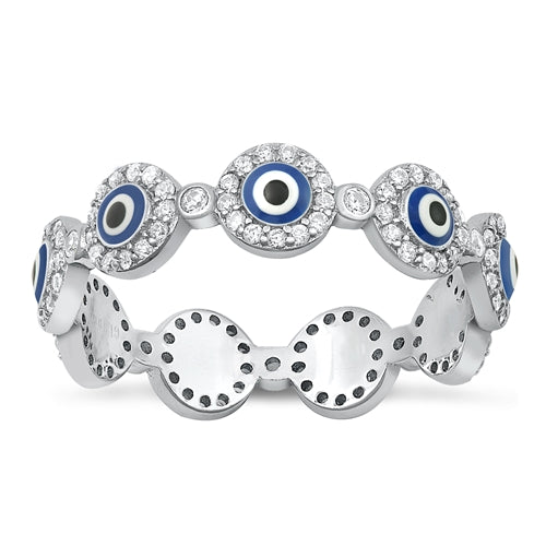 Lhr9107434 Sterling Silver Evil Eye Ring Blue  Band Round Cz Stones