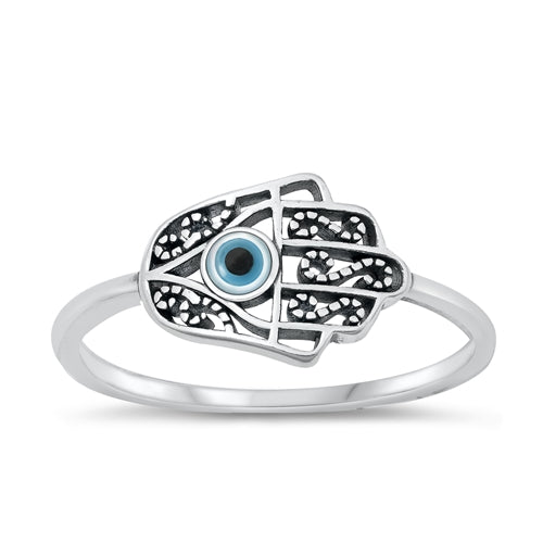 Lhr1316879 Sterling Silver Ring Hamsa & Blue Eye
