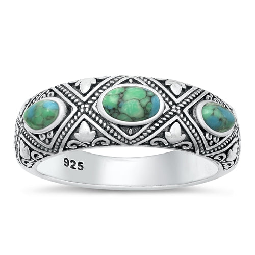 Lhr1317169 Sterling Silver Band Ring Turquoise Real Stone Etched Silver