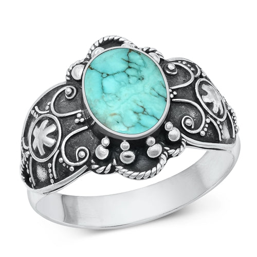 Lhr9131768 Sterling Silver Oval Real Turquoise Ring Dark Silver Etching