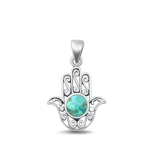 Lhp9338814 Sterling Silver Pendant Hamsa Real Turquoise Stone 18'' Chain
