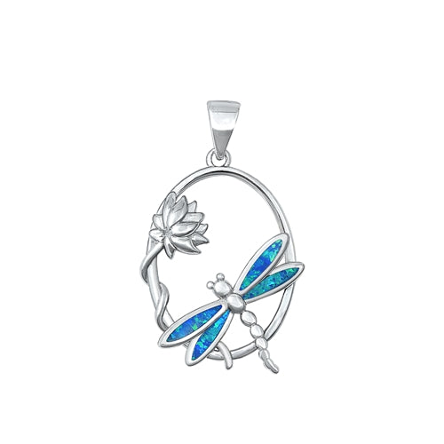 Lhb935118BO Sterling Silver Pendant Blue Lab Opal Dragonfly & Orchid  18'' chain