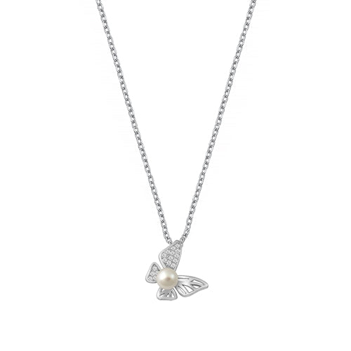 Lhn9711100   Sterling Silver Necklace Butterfly Pearl & Cz Stones