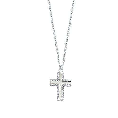 Lhn9711114 Sterling Silver Necklace Cross Mother of Pearl & Cz Stones