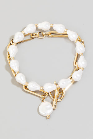 Lhb984391 Fashion Bracelet Double Strand Pearl & Gold Chain Toggle