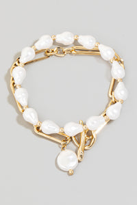 Lhb984391 Fashion Bracelet Double Strand Pearl & Gold Chain Toggle