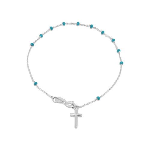 Lhb000069 Sterling Silver Rosary Cross Bracelet Blue Stones