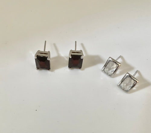 Lheset6495 Sterling Silver Earrings Post  Small Garnet and Clear Cz Rectangle Sold Together