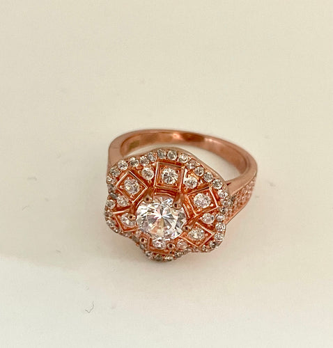 Lhr6852 Sterling Silver Ring Rose Gold Flower Vintage Cz Stones