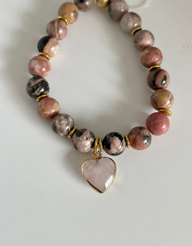 Lhb6890 Real Stone Bracelet Rhodonite Pink Quartz Heart Drop