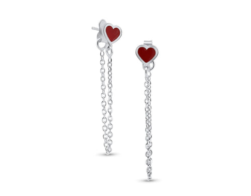 Lhe000969Rh Sterling Silver Earring Enamel Red Heart Chain Drop