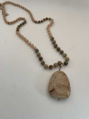 Lhn9227 Beaded Brown Jasper Hand Made Necklace Wood & Crystal Beads