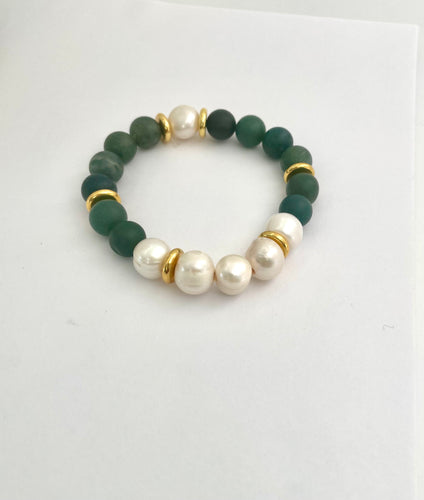 Lhb9788 Real Stone Bracelet Green Moss Agate & Real Fresh Water Pearl Gold Stainless Steel Spacers
