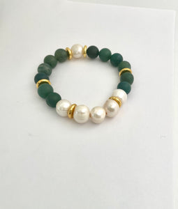 Lhb9788 Real Stone Bracelet Green Moss Agate & Real Fresh Water Pearl Gold Stainless Steel Spacers
