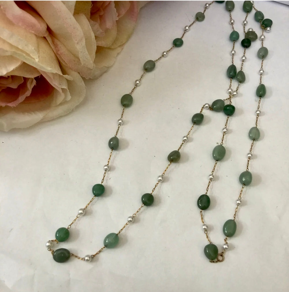 Lhn0082 Real Stone Green Jade & Pearl Necklace