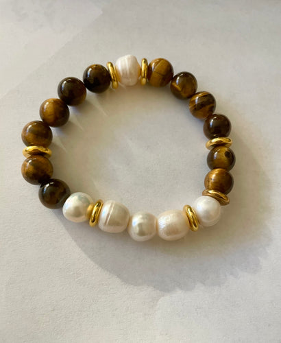 Lhb0810 Real Stone Hand Made Bracelet Tiger Eye Real Pearls Stainless Steel Inserts