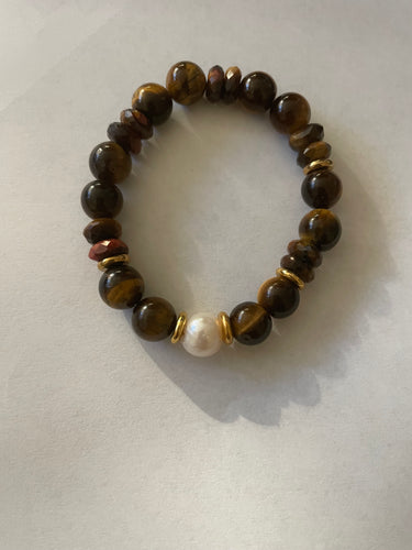 Lhb0812 Real Stone Hand Made Stretch  Bracelet Tiger Eye Real Pearl Stainless Steel Insters