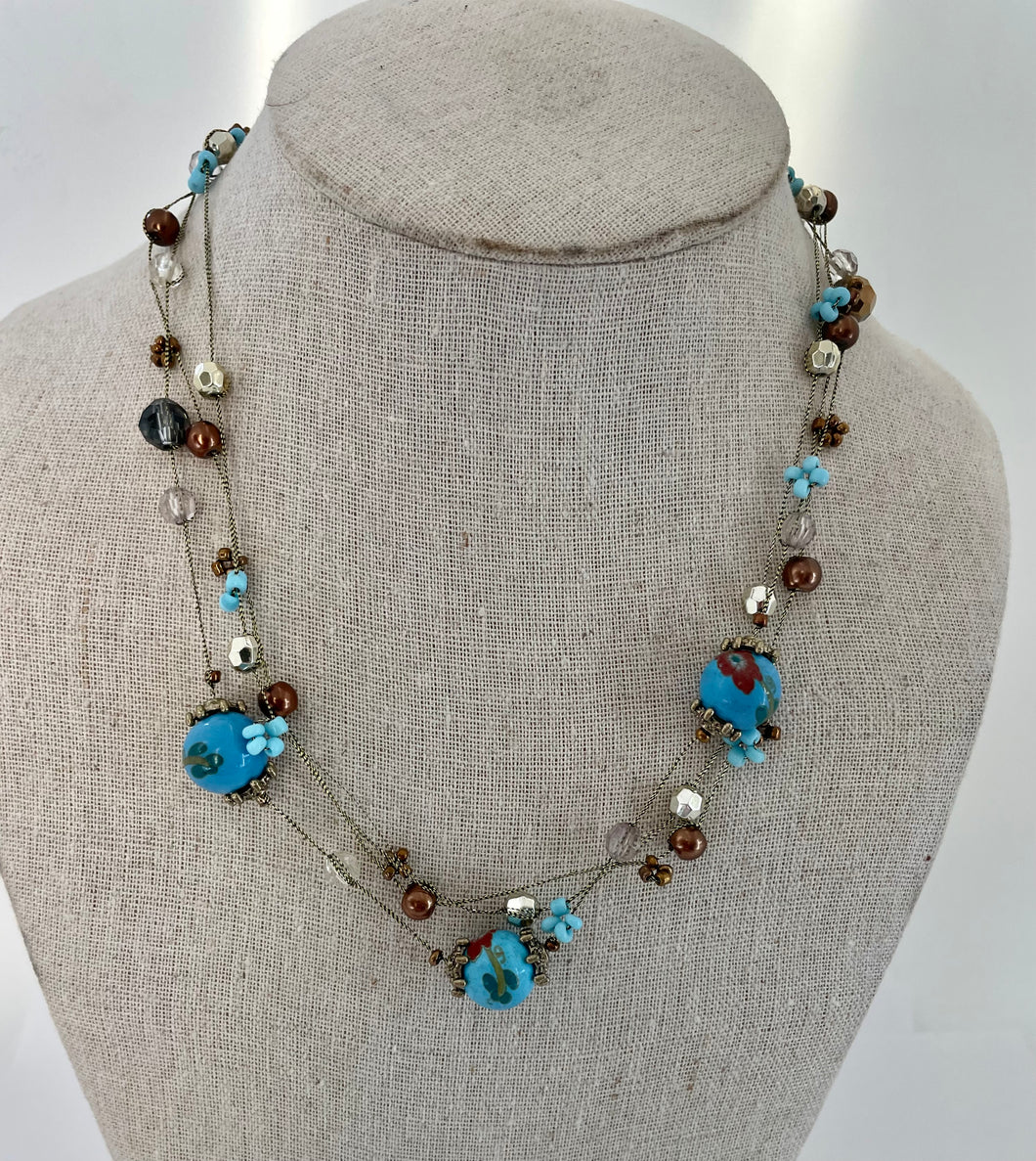 Lhn0867 Fashion Necklace Floating Chains Blue Painted Beads & Crystals OUT OF STOCK!!