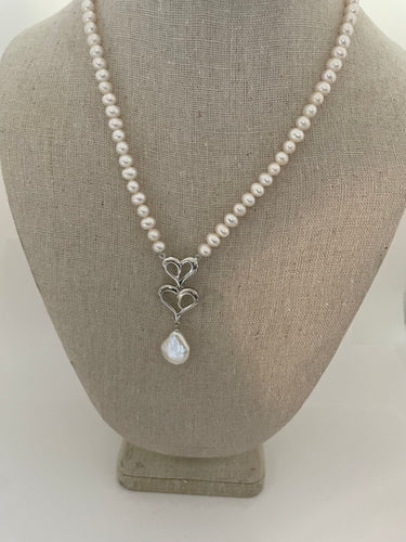 Lhn1256 Sterling Silver Necklace Real Cultured Fresh Water Pearl & Coin Drop Pearl 80.00