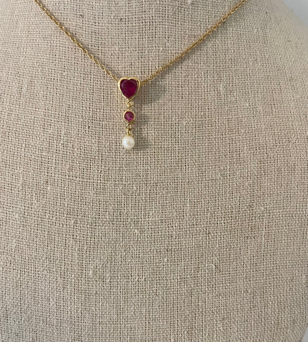 Lhp1318 Fashion Gold Plated Necklace Garnet Heart Cz & Pearl Drop