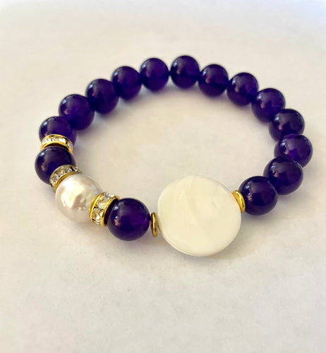 Lhb2390 Real Stone Stretch Bracelet Purple Dyed Jade Freshwater Pearl & Mother Pearl Disk