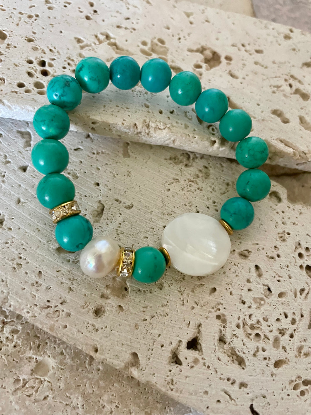 Lhb3496 Real Stone Bracelet Turquoise & Mother of Pearl Disk &,Real Freshwater Pearl