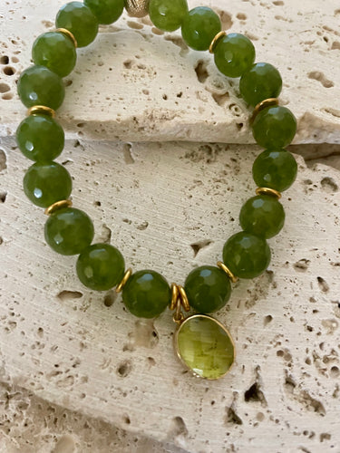 Lhb3497 Real Stone  Bracelet Green Dyed Jade Facetted Crystal Drop