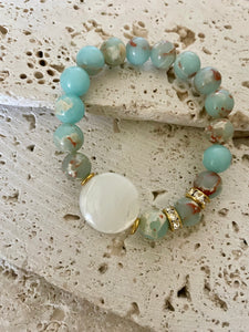 Lhb3498 Real Stone Bracelet  Aqua Terra & Mother of Pearl Disk