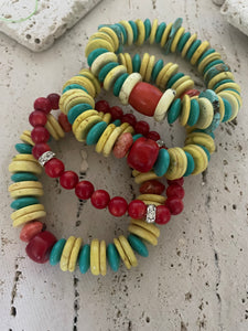 Lhb3954 Real Stone Bracelet Turquoise Disks and Coral Hand Made Stretch 4 Styles 34.00 each