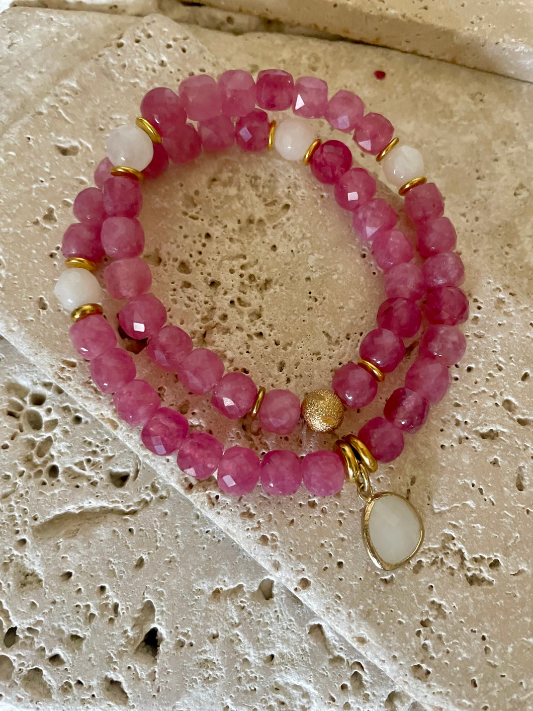 Lhb4051 Real Stone 2 Bracelets or Wrap Strawberry Quartz Jade Facetted Cube Beads & Quartz Drop