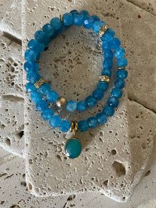 Lhb4061 Real Stone  2 Bracelets or Wrap  Blue Apatite Dyed Jade Faceted Cube Beads & Quartz Drop