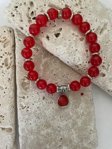 Lhb4130  Real Stone Bracelet Red Dyed Jade & Red Quartz Drop