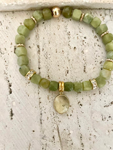 Lhb4150  Real Stone Bracelet Natural Green Jade & Quartz Drop