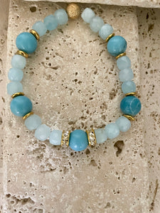 Lhb4157 Real Stone Bracelet Blue Dyed Facetted Cube & Round Larimar