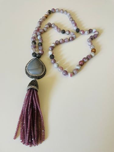 Lhn4405 Sterling Silver Necklace Hand Knotted Amethyst Beads and Tassle