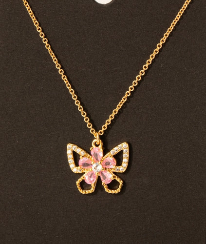 Lhn98995 Fashion Butterfly Pink Cubic Zirconia Brass Necklace
