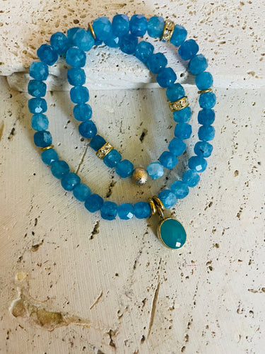 Lhb7567 Real Stone Double Bracelet Apatite Blue & Quartz Drop