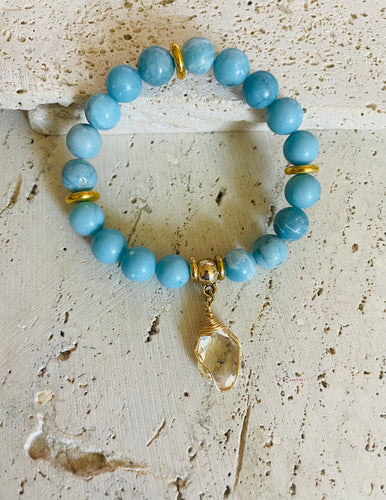 Lhb7571 Real Stone Larimar Bracelet &Quartz Tear Drop Brass Metal