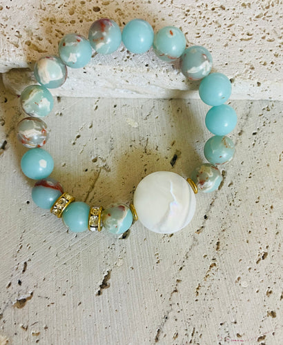 Lhb7569 Real Stone Bracelet Aqua Terra & Mother Of Pearl Disk