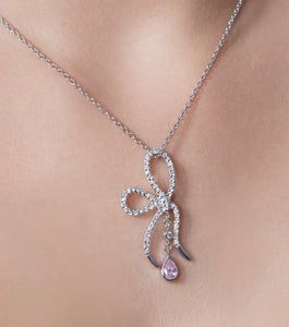 Lhn9000039pk Sterling Silver Bow Necklace Pink Drop