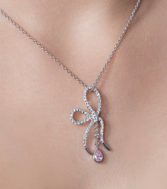 Lhn9000039pk Sterling Silver Bow Necklace Pink Drop