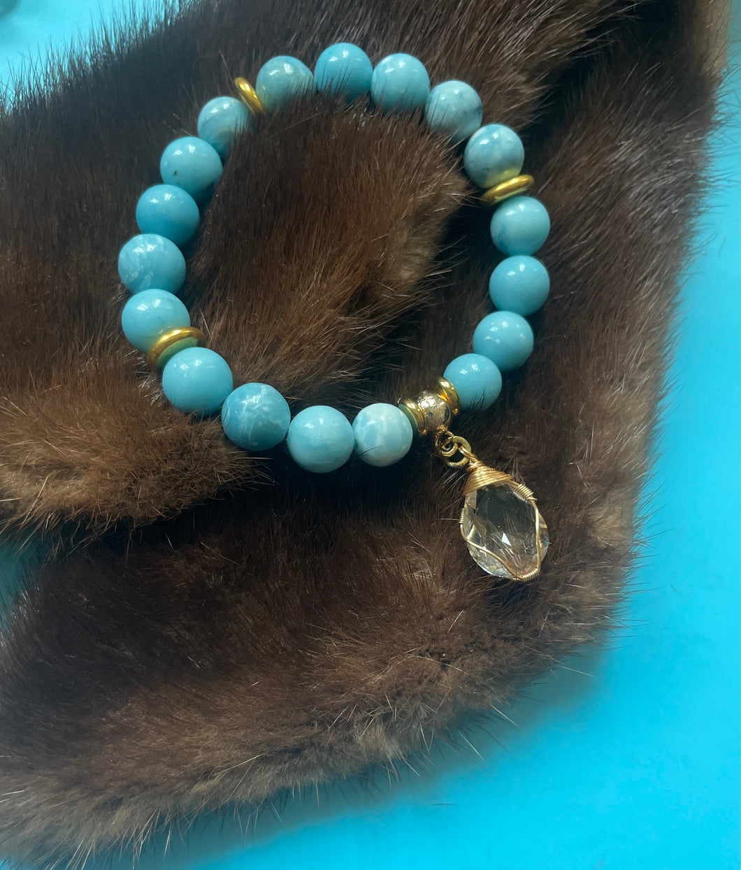 Lhb7571 Real Stone Beaded Larimar Bracelet & Charm Drop