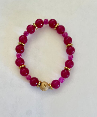 Lhb1108 Real Stone Bracelet Fuschia Dyed Jade & Pink Tourmaline Square 6mm Stainless Steel Gold Spacers