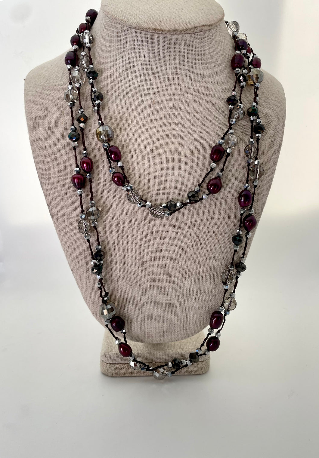 Lhnf171Red  Real Pearl Necklace Double Threaded & Crystals