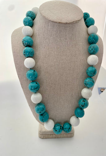 Lhn9796 Real Turquoise & White Agate Necklace Hand Made