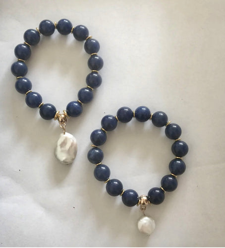 Lhb0091 Real Stone Bracelet Sapphire Blue Dyed Quartz Baroque Pearl Gold Filled Spacers Hand made