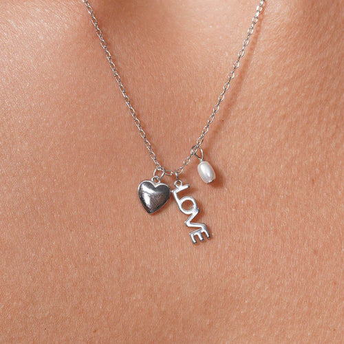 Lhn00004PJT Sterling Silver Charm Necklace Love Heart & Pearl